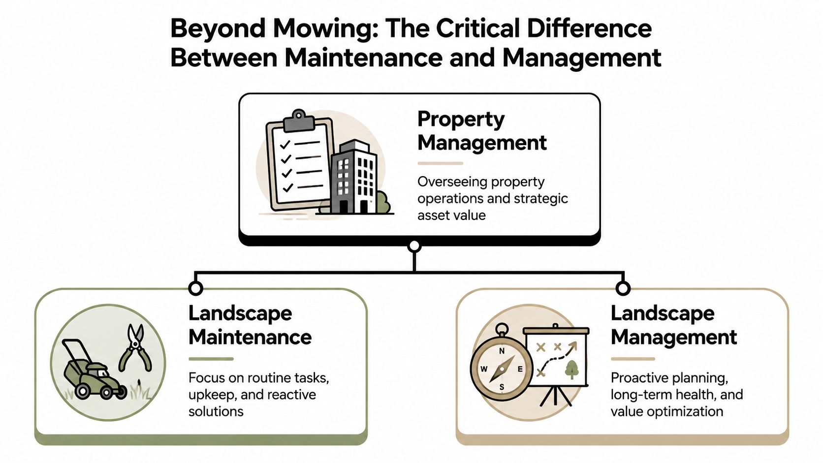 A diagram comparing landscape maintenance focusing on routine tasks versus landscape management involving proactive long-term planning.