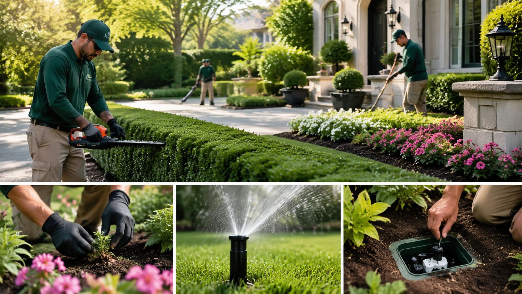 Professional landscaping crew maintaining a residential lawn with hedge trimming, sprinkler installation, and garden bed care.