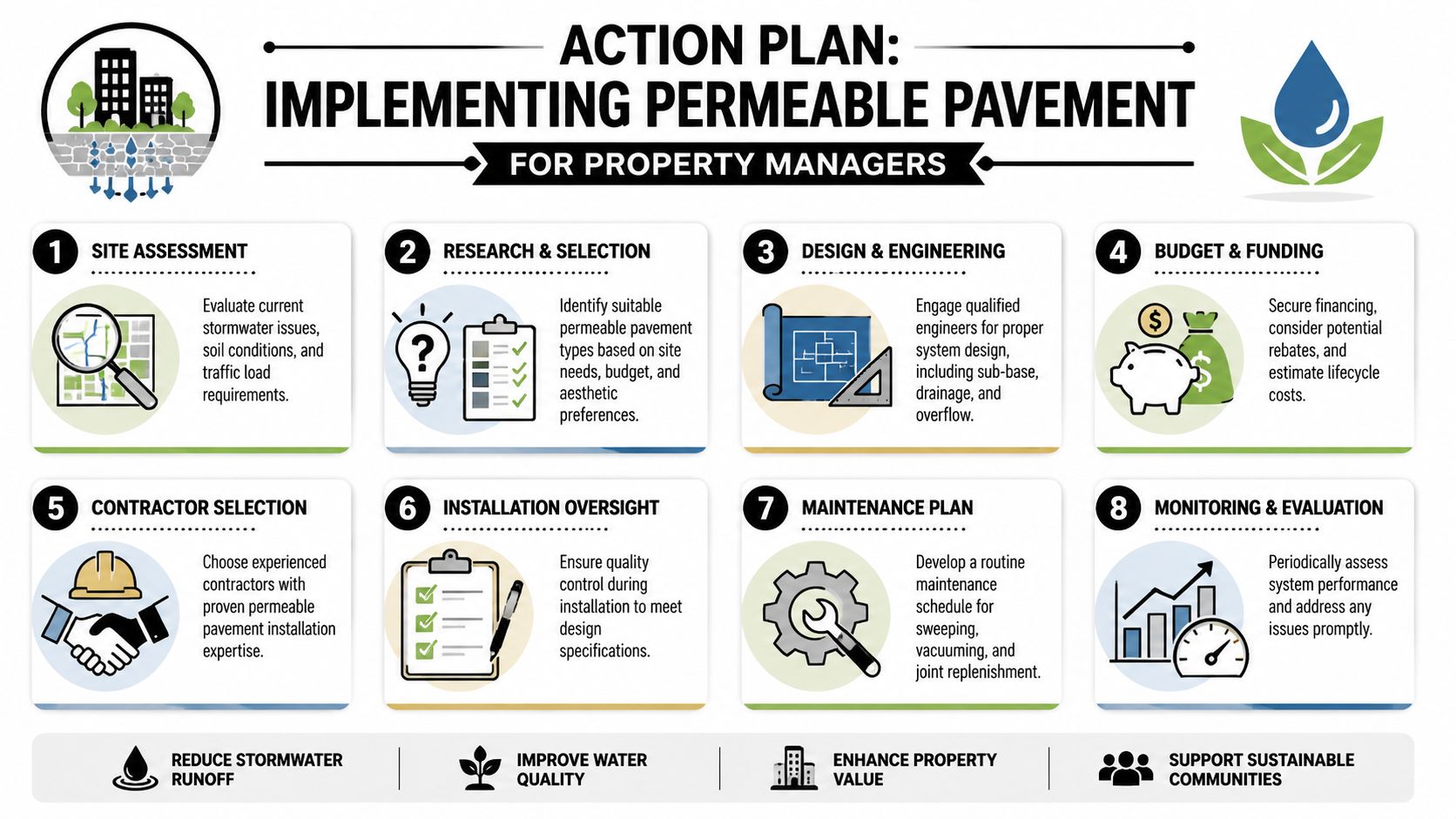 An eight-step action plan for property managers to implement permeable pavement for effective stormwater management.