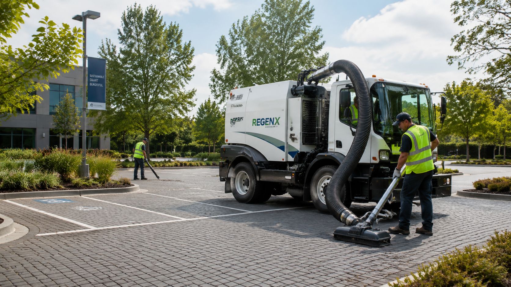 Maintenance workers using specialized equipment to clean debris from a permeable paved parking lot.