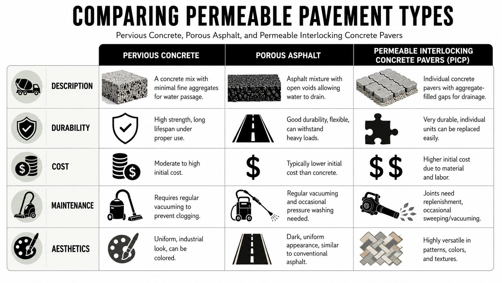 A comparison chart outlining the descriptions, durability, costs, maintenance, and aesthetics of permeable pavement types.