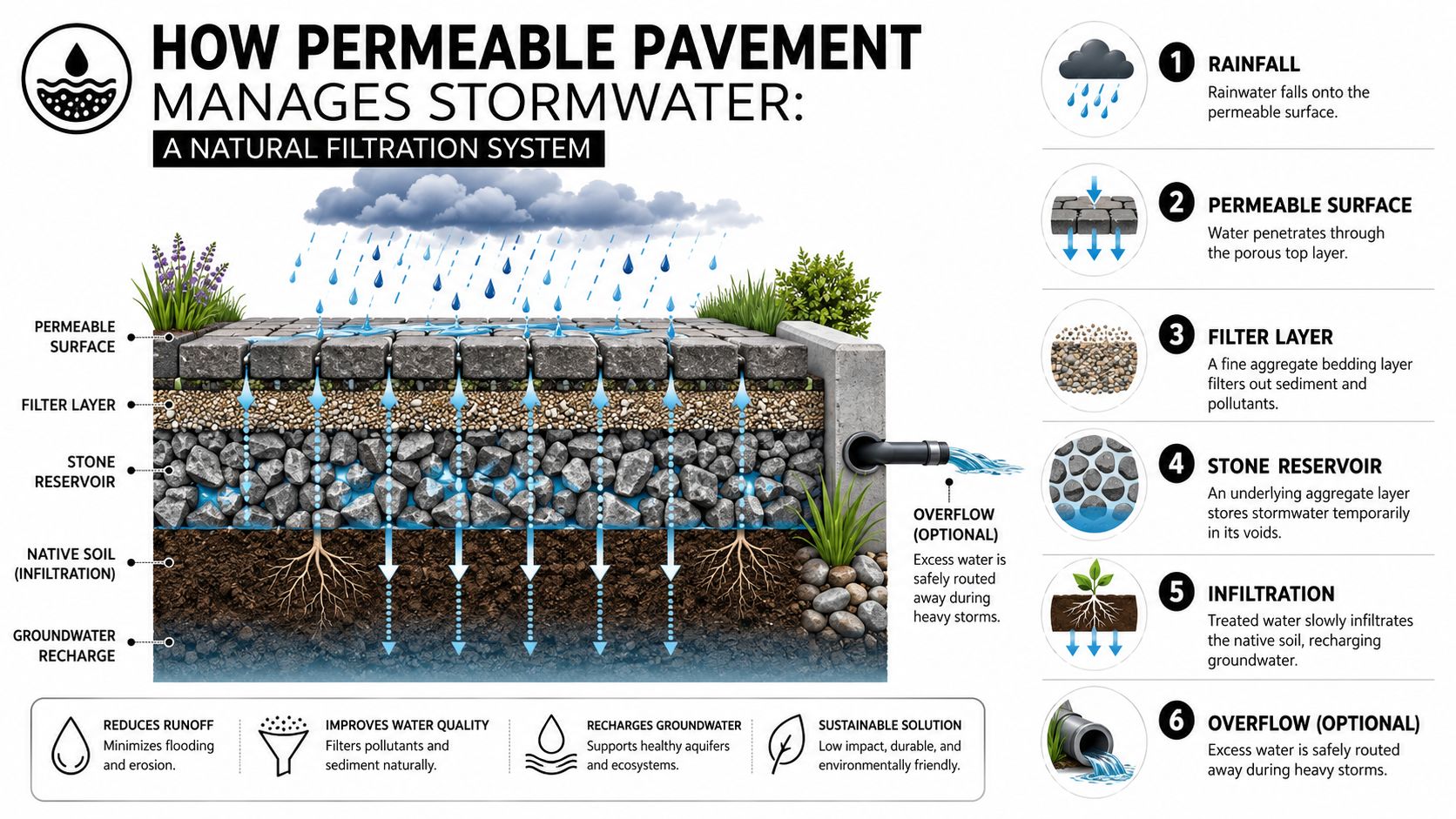 A diagram illustrating the cross-section of permeable pavement showing how it manages stormwater through natural filtration.