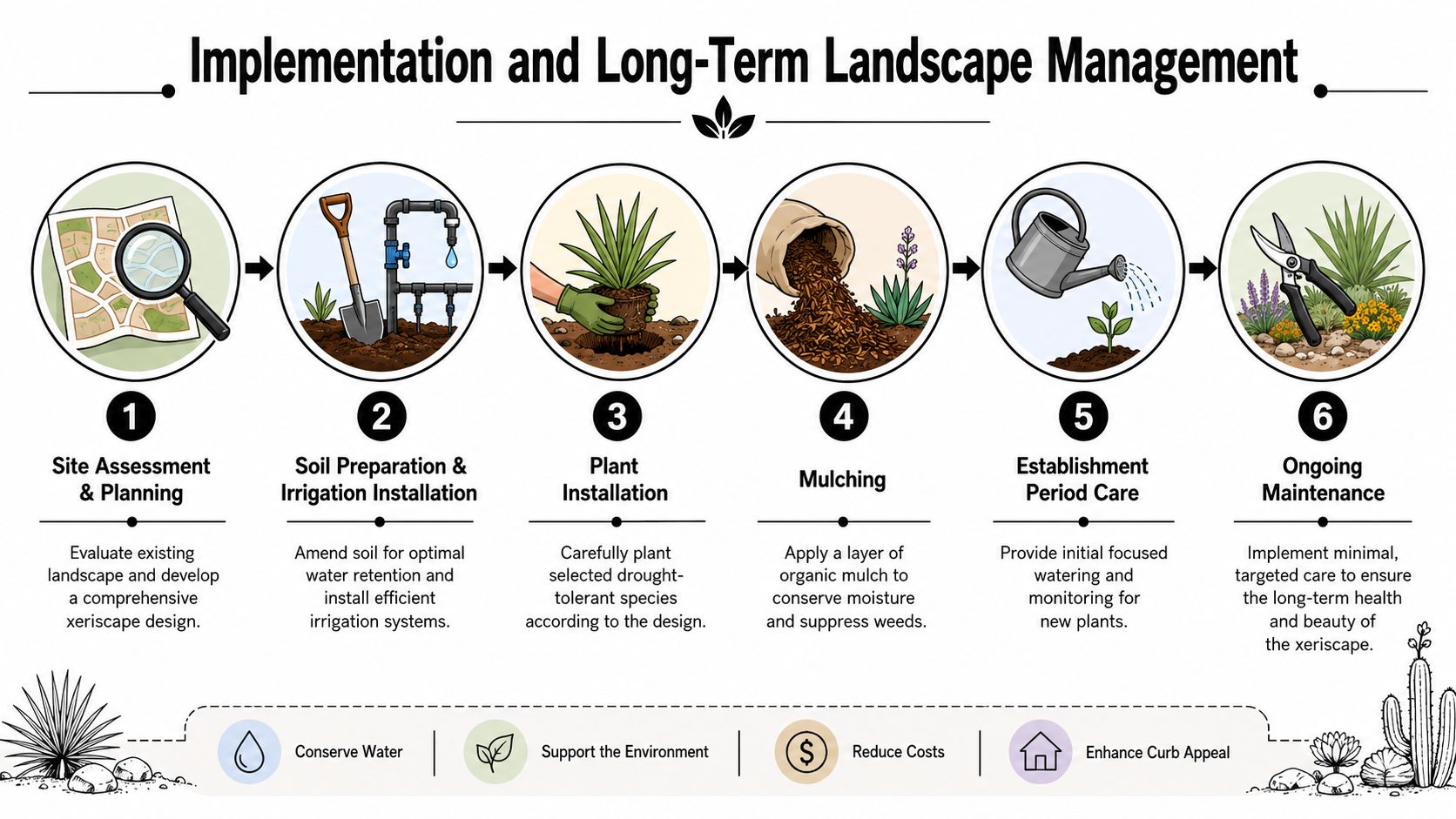 A six-step infographic illustrating the process of implementing and maintaining a sustainable xeriscape landscape design.