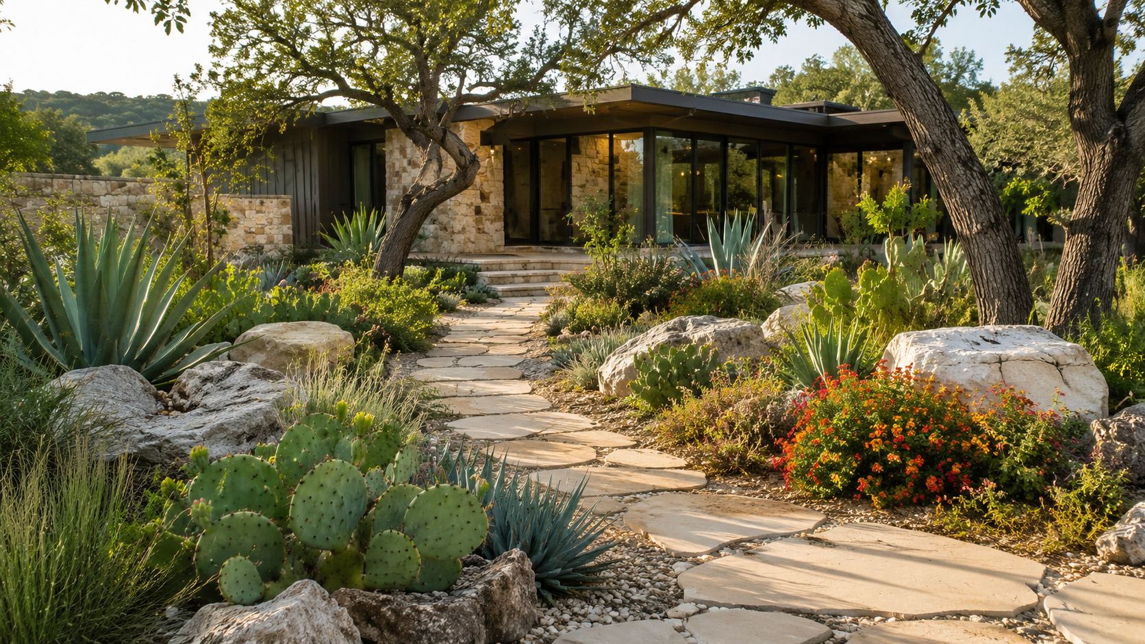 A modern luxury home with drought-tolerant xeriscape landscaping featuring native cacti, agave, and a stone walkway.