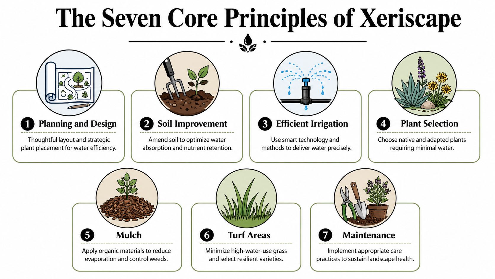 An infographic titled The Seven Core Principles of Xeriscape outlining sustainable water-wise landscaping techniques and practices.