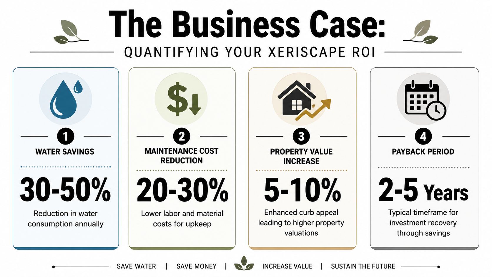 An infographic titled The Business Case for Xeriscape ROI detailing water savings, maintenance costs, property value, and payback.