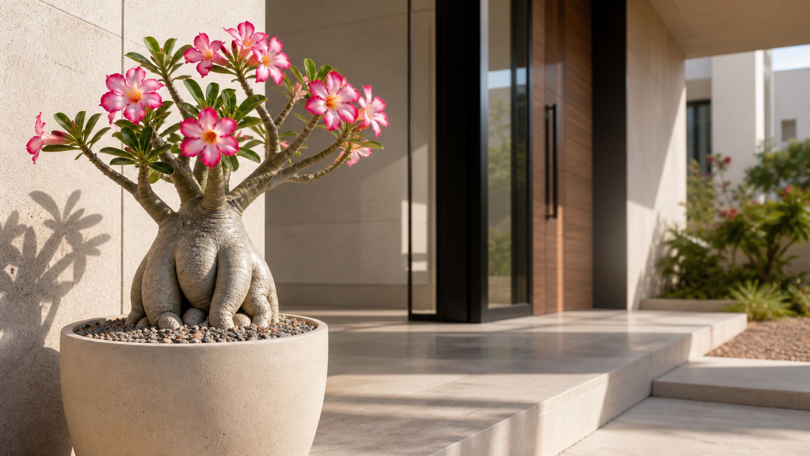 A beautiful desert rose plant with pink flowers potted in a stone container on a modern patio.