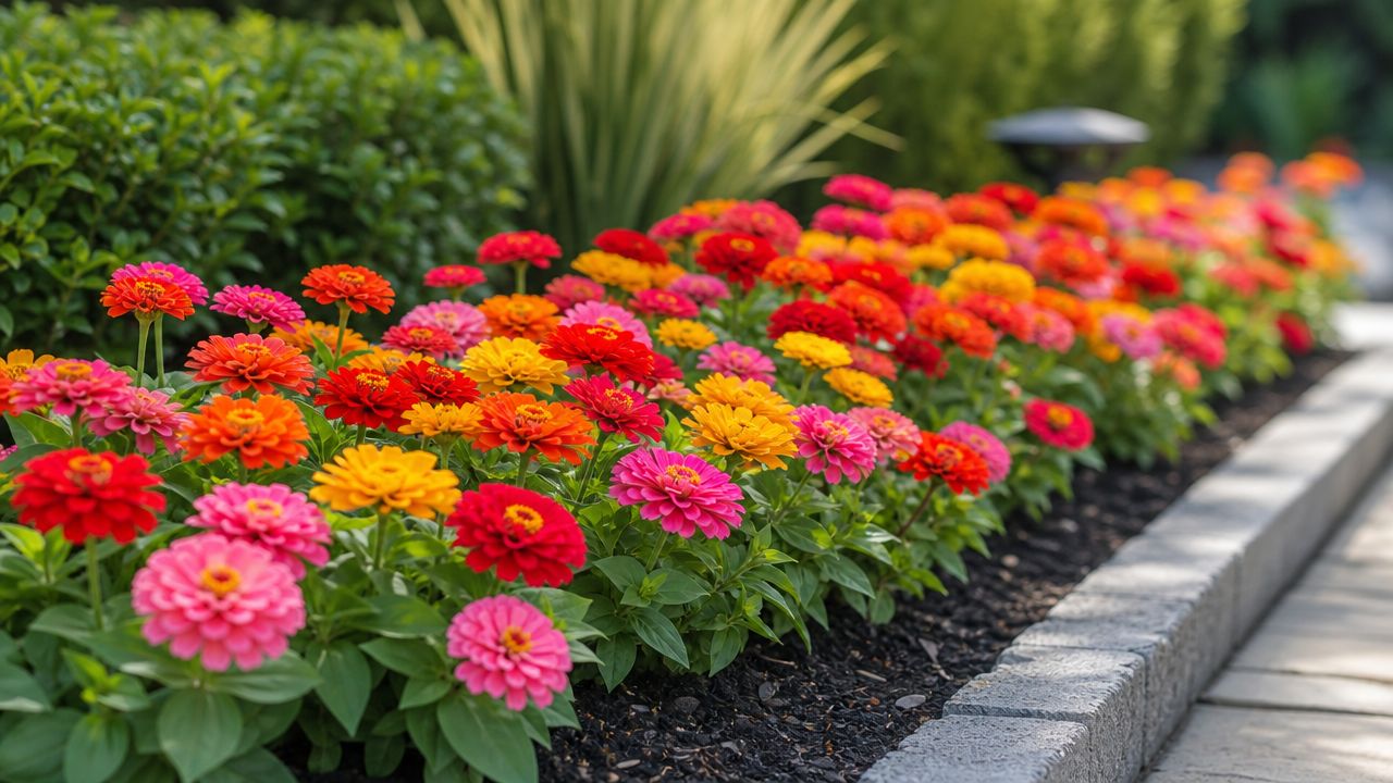 A vibrant garden bed featuring a variety of colorful zinnia flowers blooming in bright sunlight