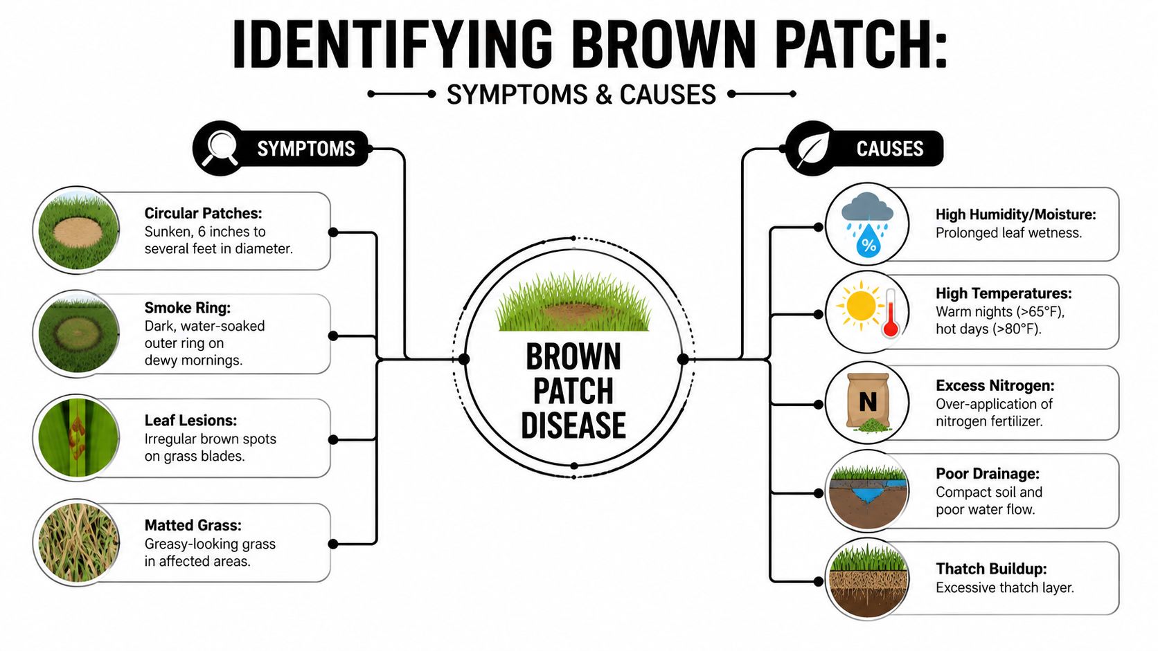 An infographic titled Identifying Brown Patch Disease displaying common symptoms and environmental causes for home lawns.