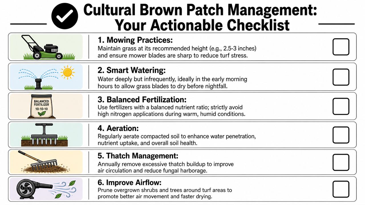 A checklist illustrating six cultural management practices for preventing and controlling brown patch lawn disease.