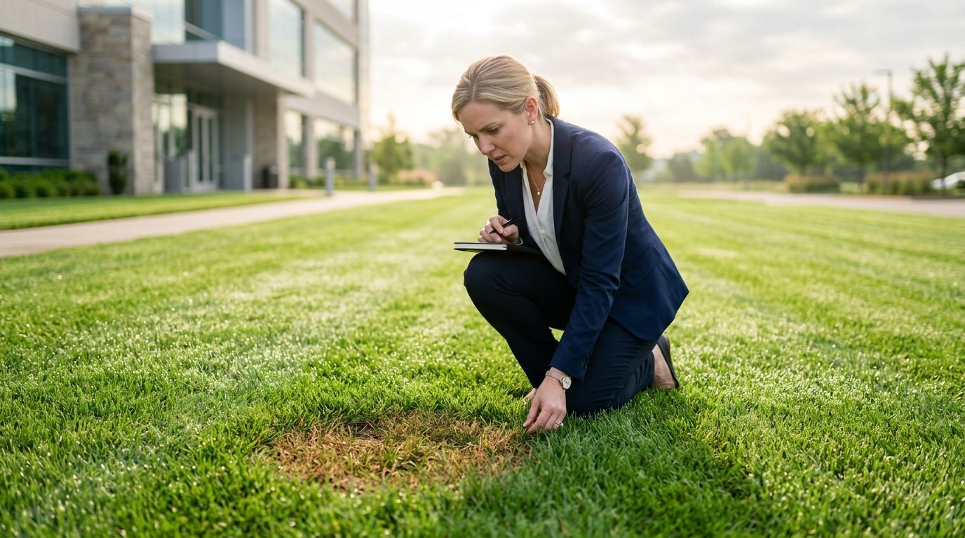A professional woman inspects a brown patch of dead grass on a lawn with a notebook.