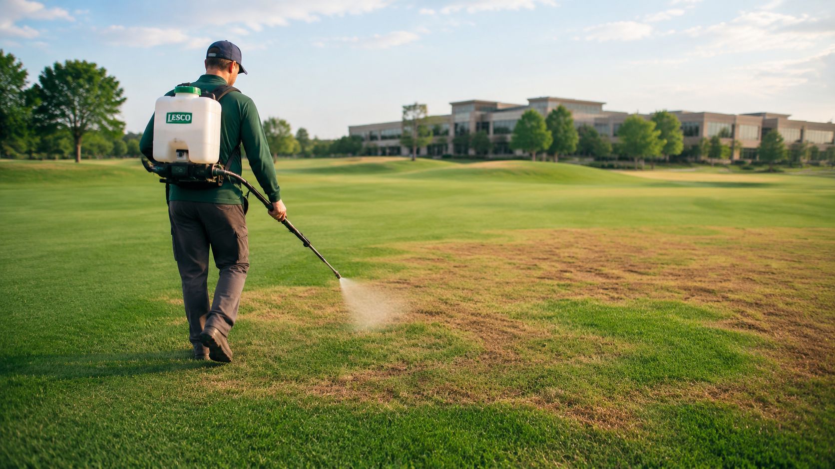 A professional groundskeeper treating a brown patch grass disease on a golf course with a backpack sprayer.
