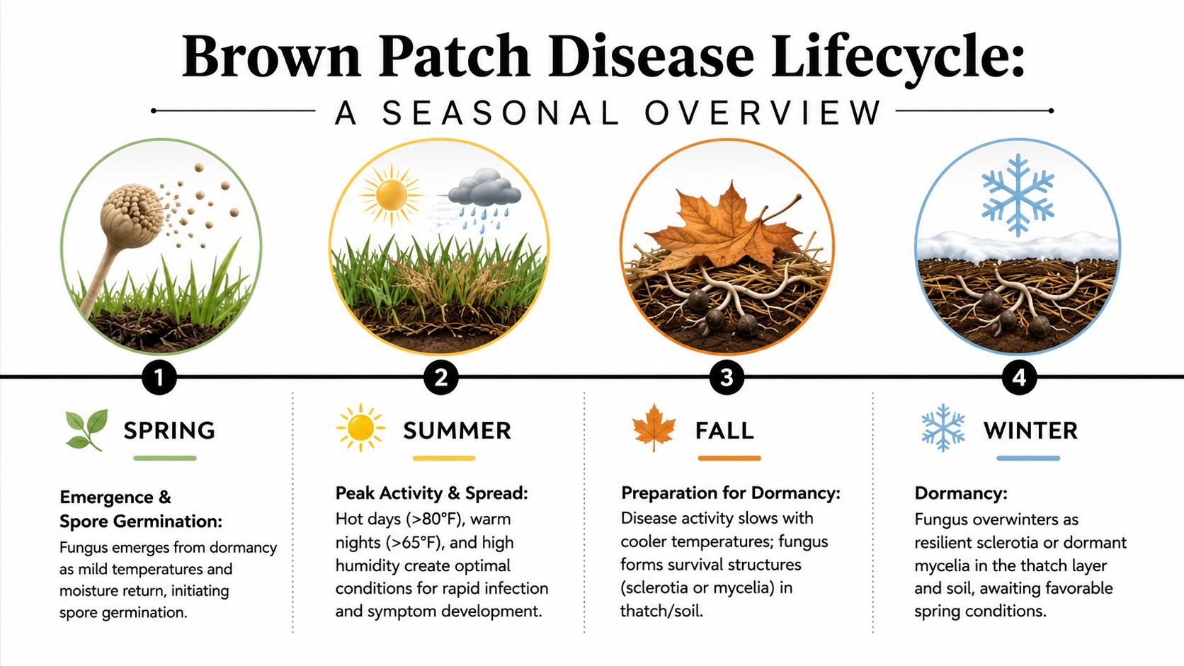 A diagram illustrating the seasonal lifecycle of brown patch grass disease from spring through winter.