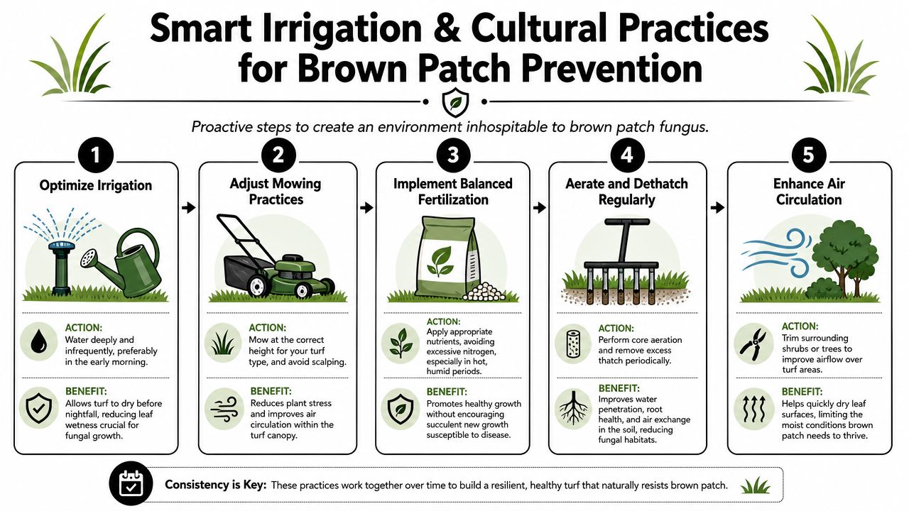 A five-step infographic illustrating smart irrigation and cultural practices to prevent brown patch fungus in turfgrass.