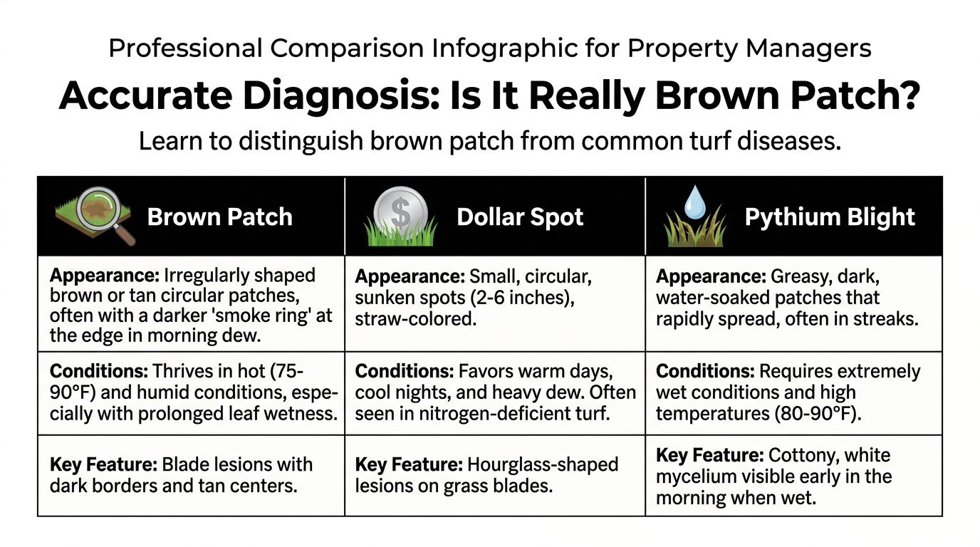 A comparison chart outlining differences between brown patch, dollar spot, and pythium blight turf diseases.