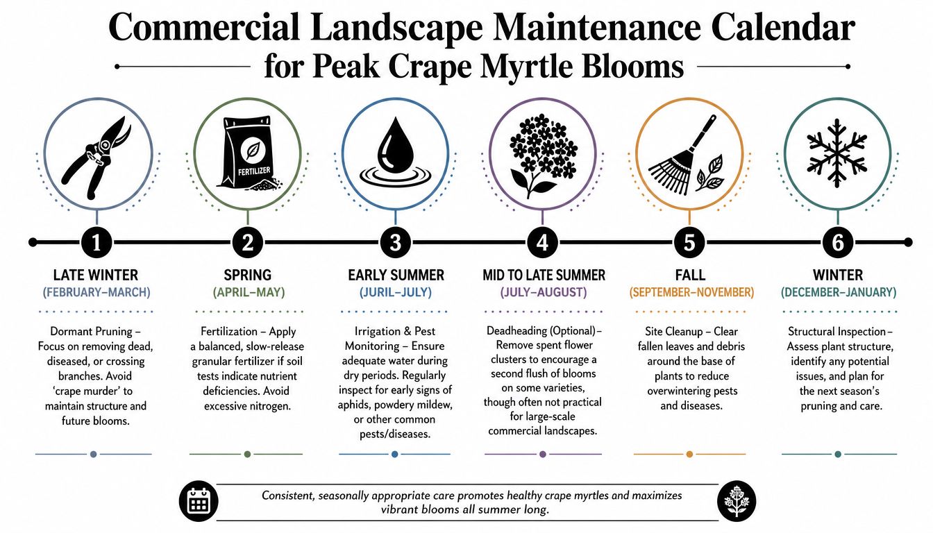 A six-step commercial landscape maintenance calendar guide for ensuring healthy and vibrant crape myrtle blooms throughout summer.