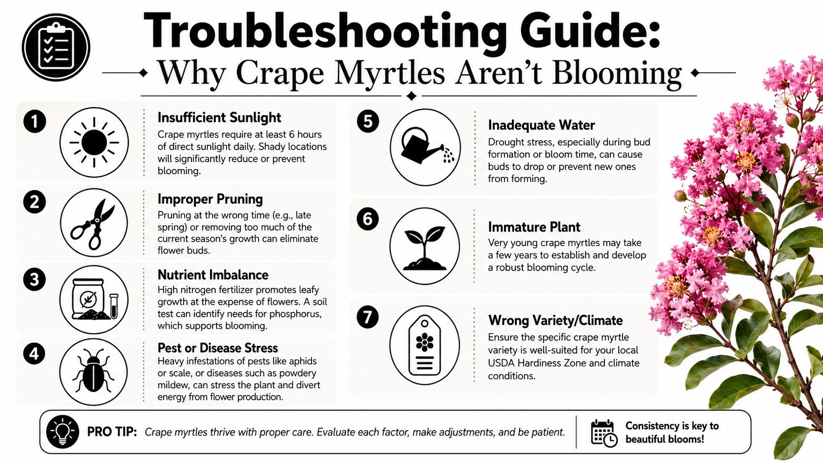 A troubleshooting infographic explaining seven common reasons why crape myrtle plants fail to produce flowers.