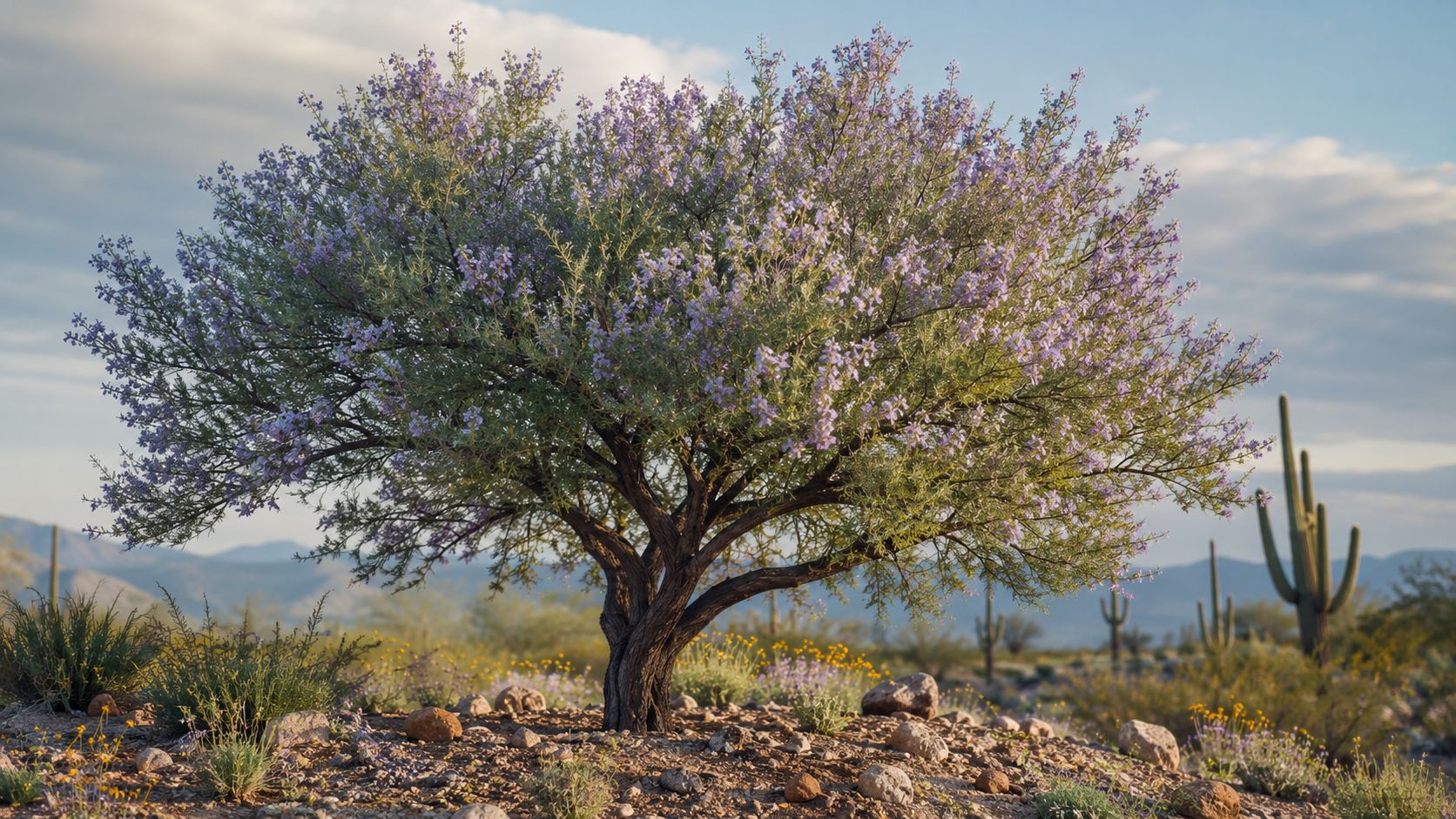 A beautiful desert ironwood tree with purple flowers blooming in an arid Arizona landscape at sunset.