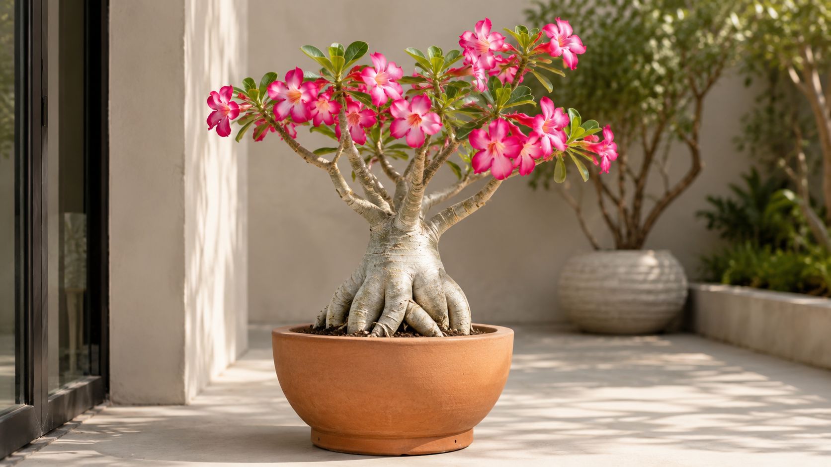 A beautiful Adenium obesum, also known as a desert rose, growing in a round terracotta planter pot.