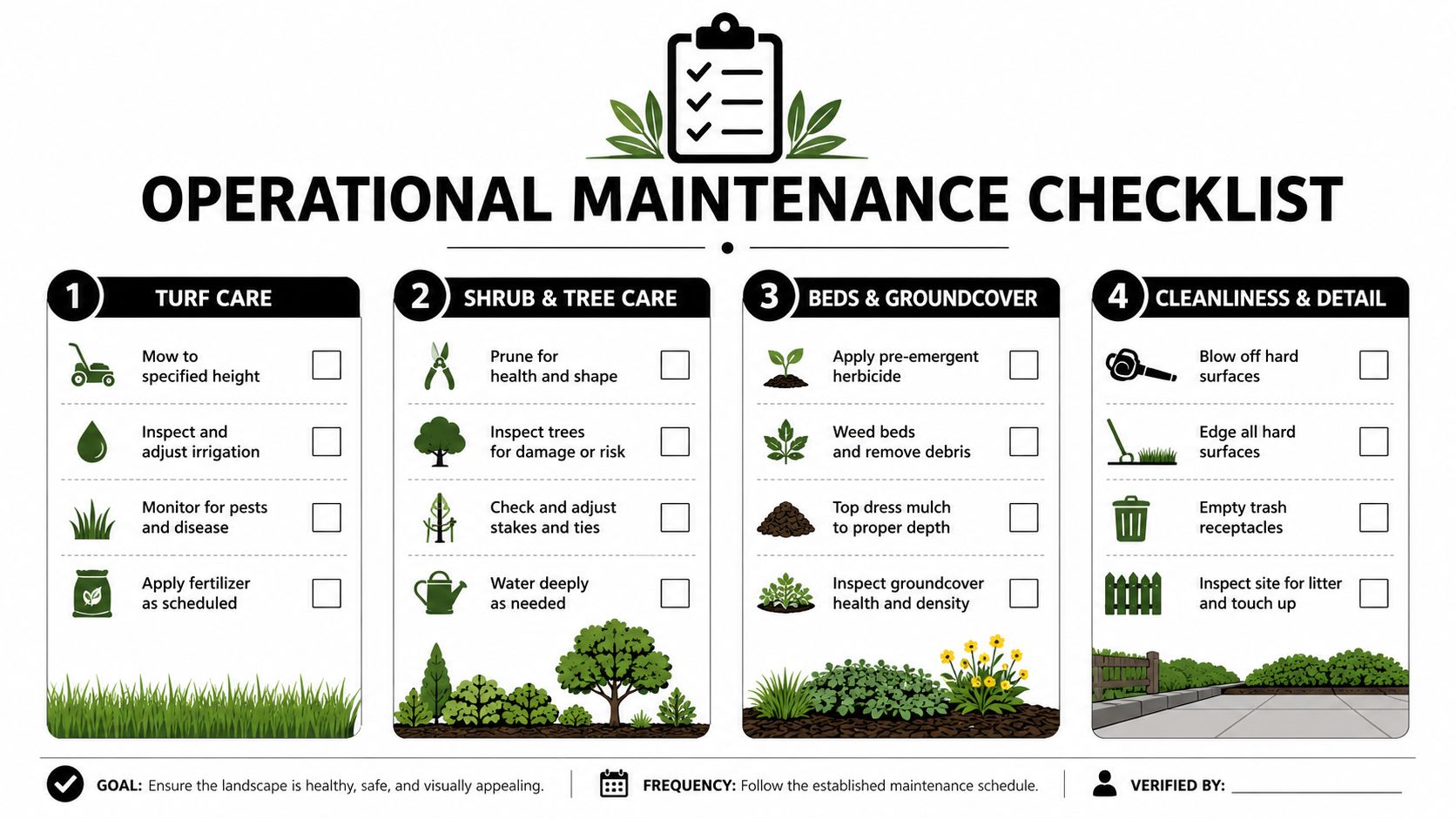 An operational maintenance checklist for professional landscaping services including turf care, shrub care, and site cleanliness.