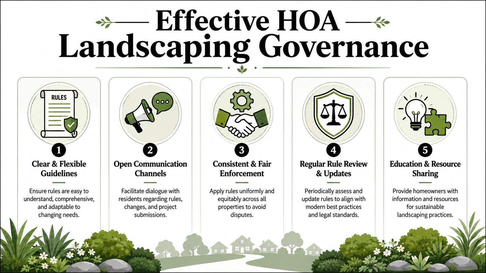 An infographic detailing five key steps for effective HOA landscaping governance and rule management.