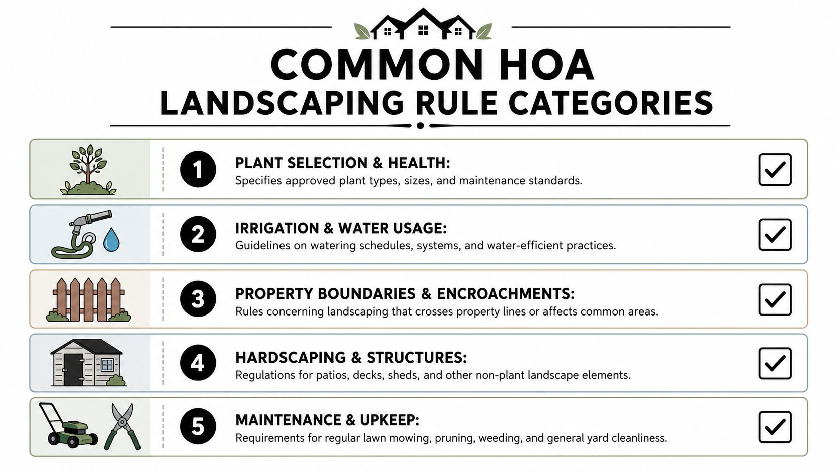 An infographic showing five common HOA landscaping rule categories including plant health, irrigation, property boundaries, hardscaping, and maintenance.