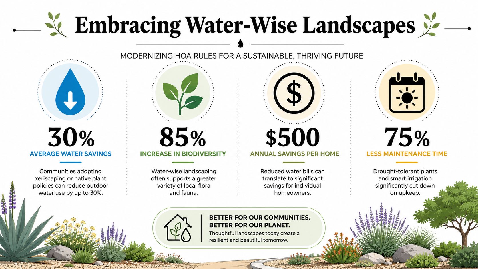 An infographic showing the benefits of water-wise landscaping, including water, biodiversity, financial, and time savings.
