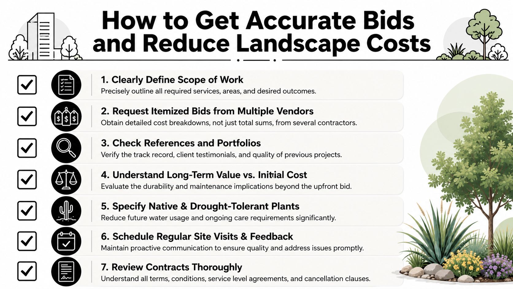 An infographic titled How to Get Accurate Bids and Reduce Landscape Costs, featuring seven practical tips.