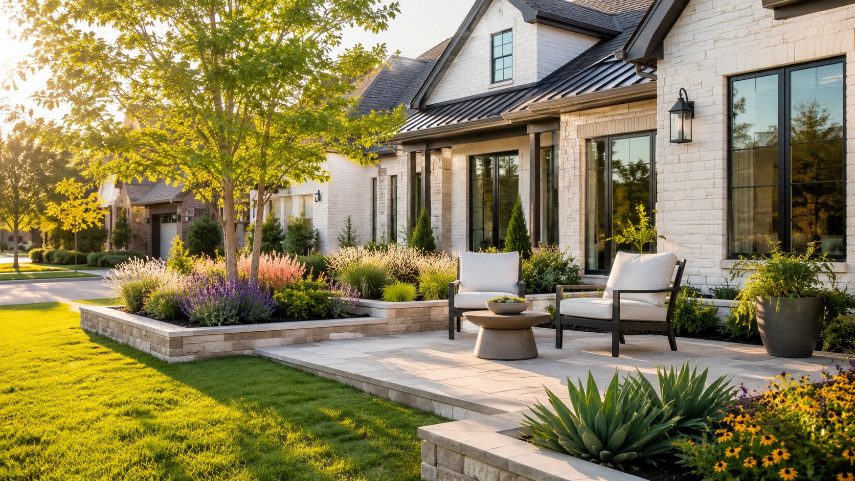 A luxurious patio area with comfortable chairs and beautiful landscaping outside a modern white brick house.