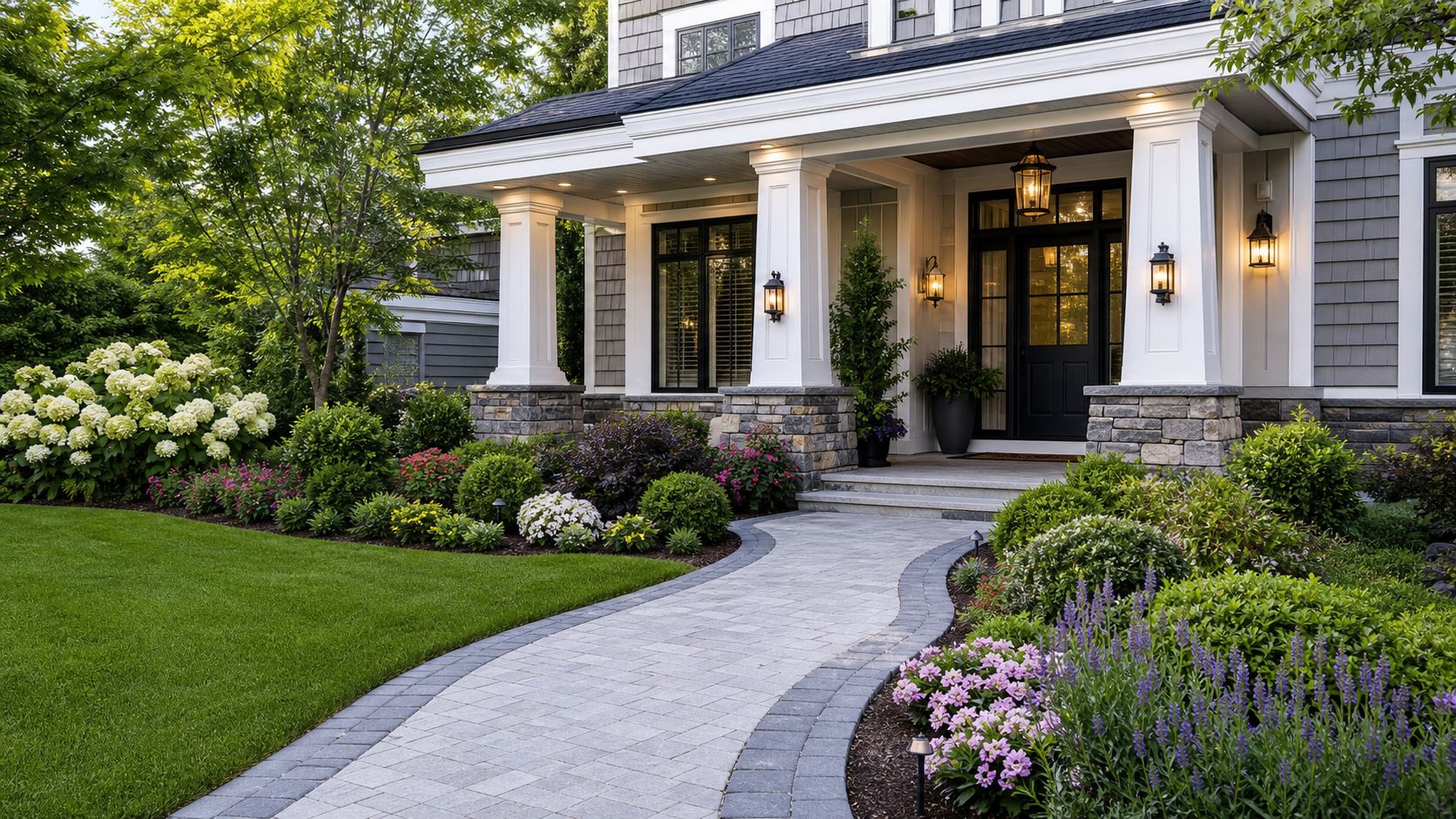 A beautiful landscaped front yard with a stone walkway leading to a welcoming house porch entrance.