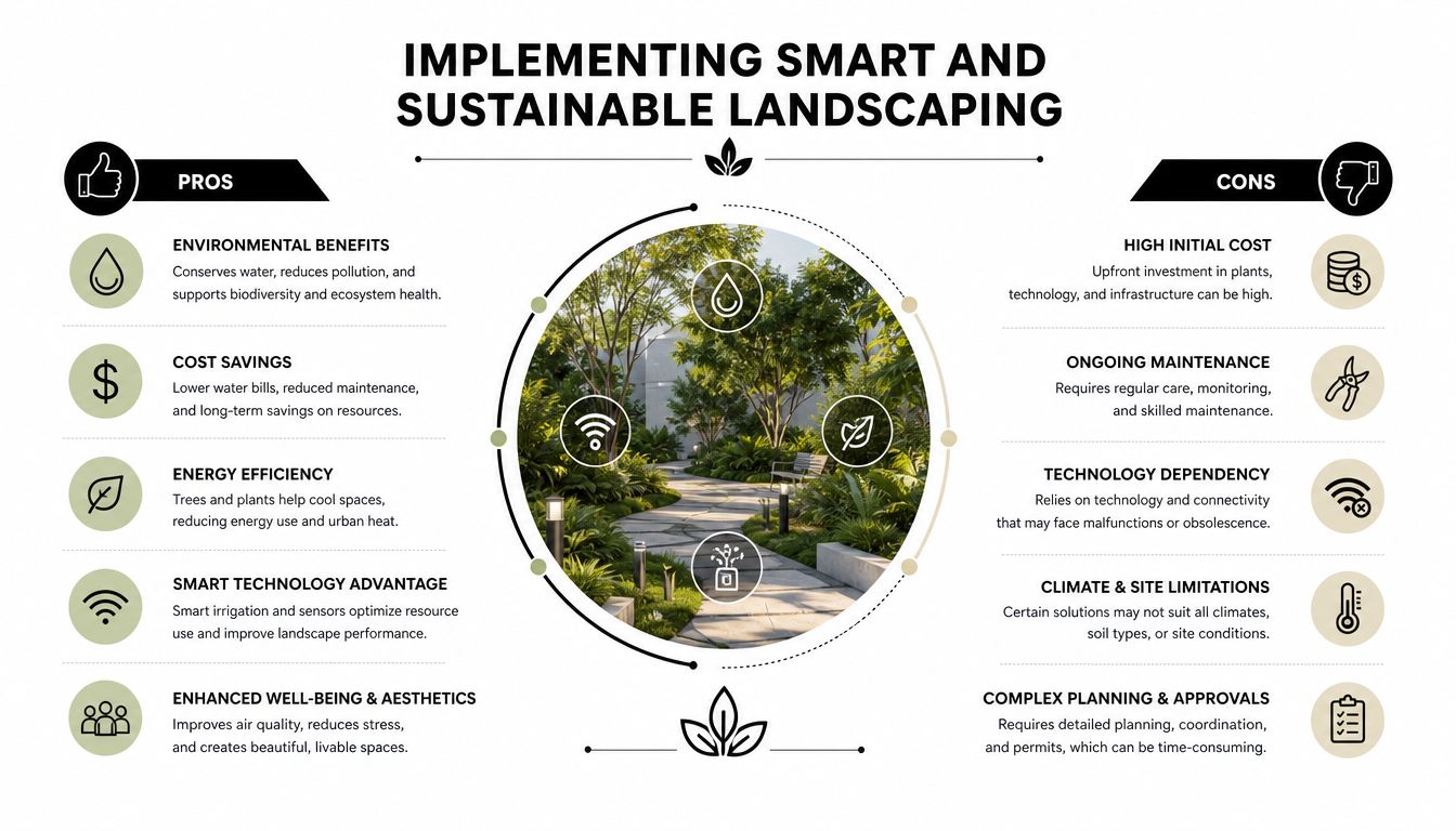 A professional infographic comparing the pros and cons of implementing smart and sustainable landscaping in outdoor design.