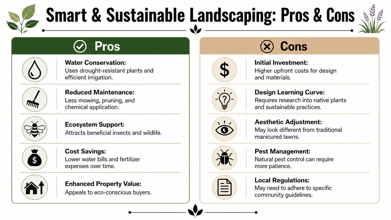 A comparison chart outlining the pros and cons of implementing smart and sustainable landscaping practices.