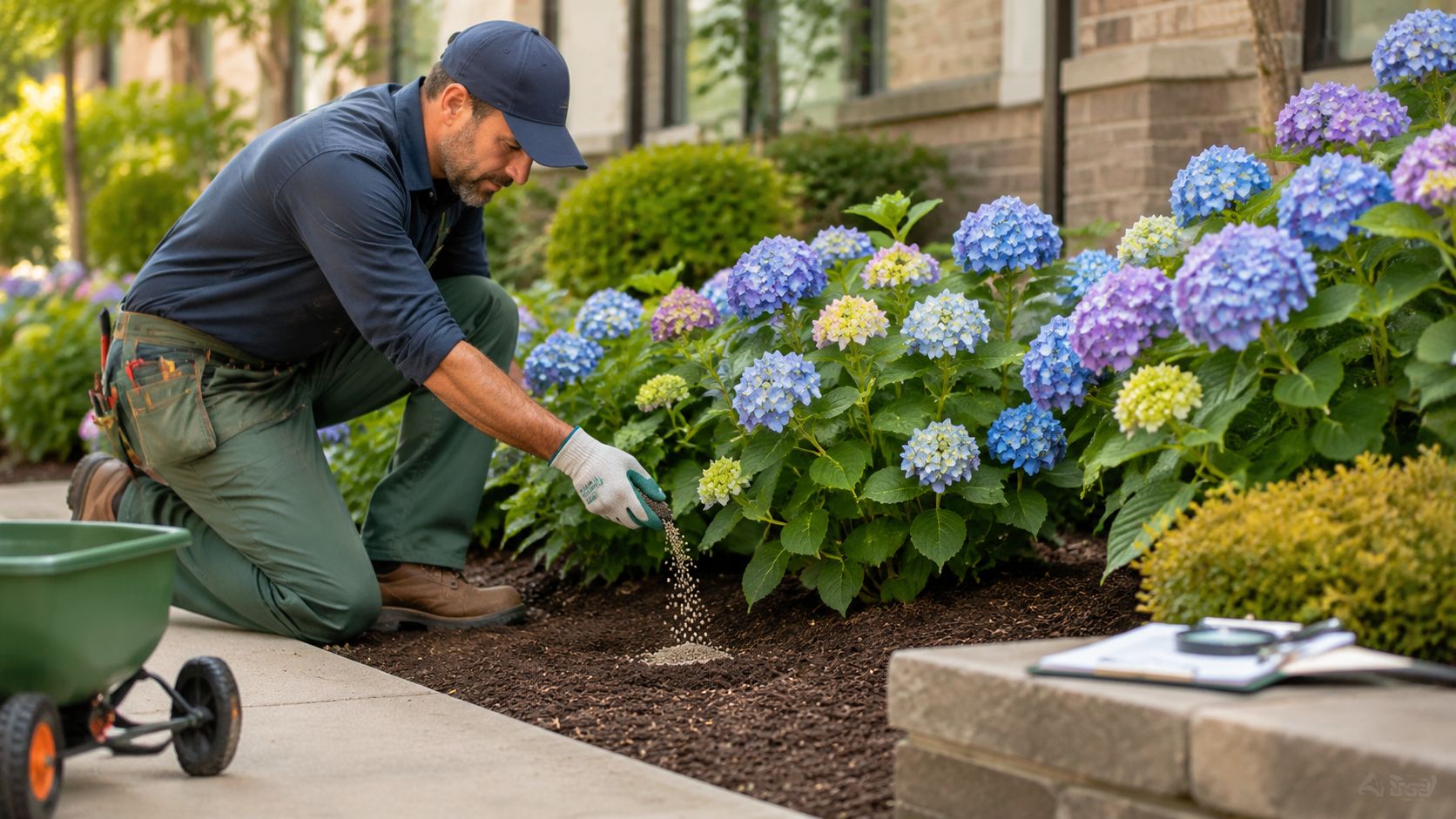 A professional gardener in uniform fertilizing vibrant blue and purple hydrangea bushes in a suburban garden.