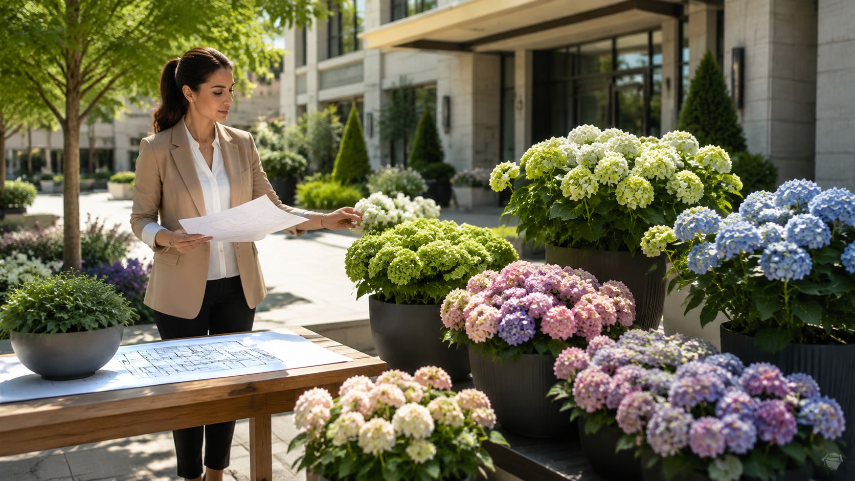 A professional landscape architect reviews blueprints next to a variety of potted blooming hydrangea plants outdoors.