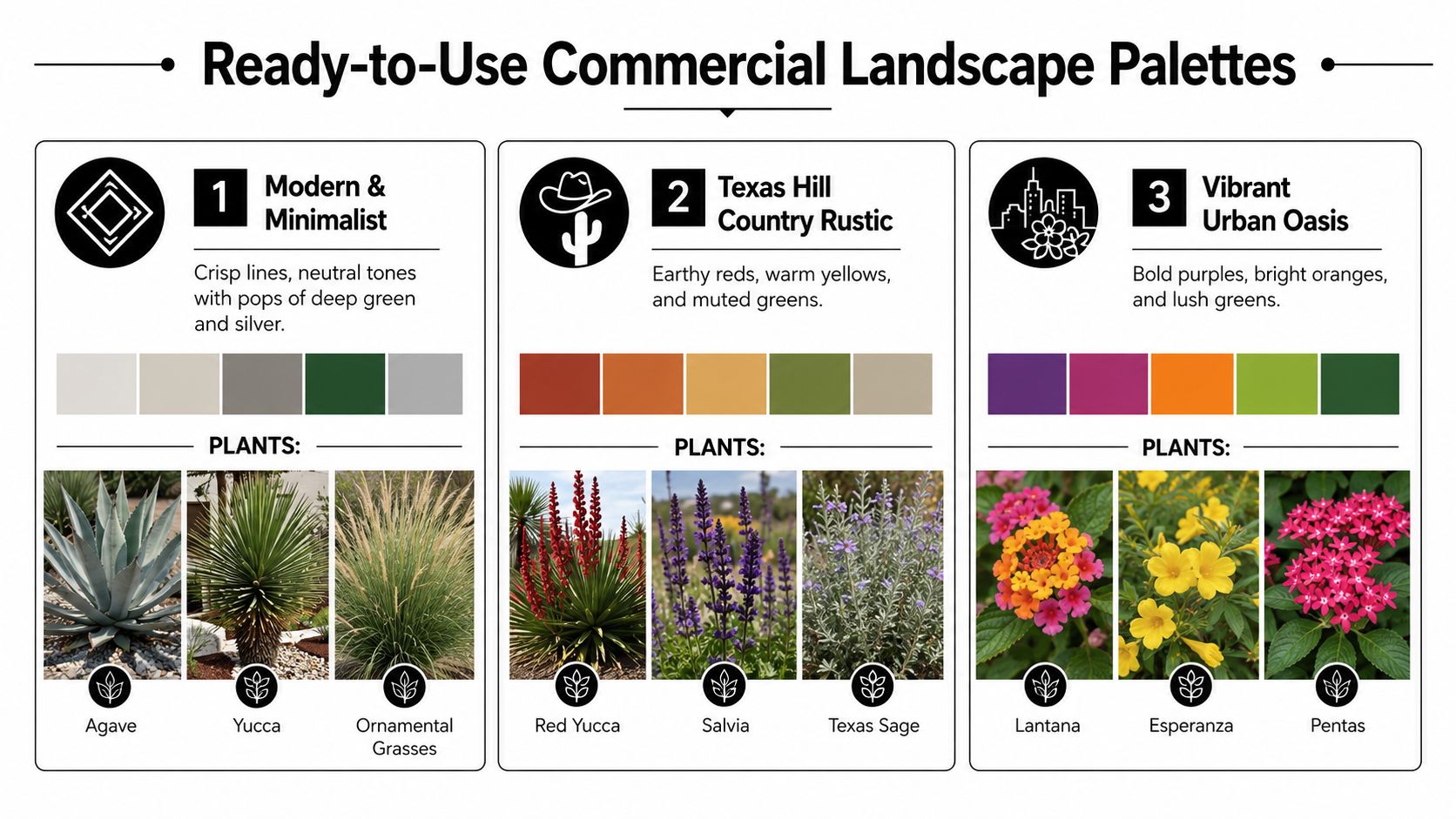 A graphic featuring three distinct commercial landscape color palettes with corresponding plant examples for each style.