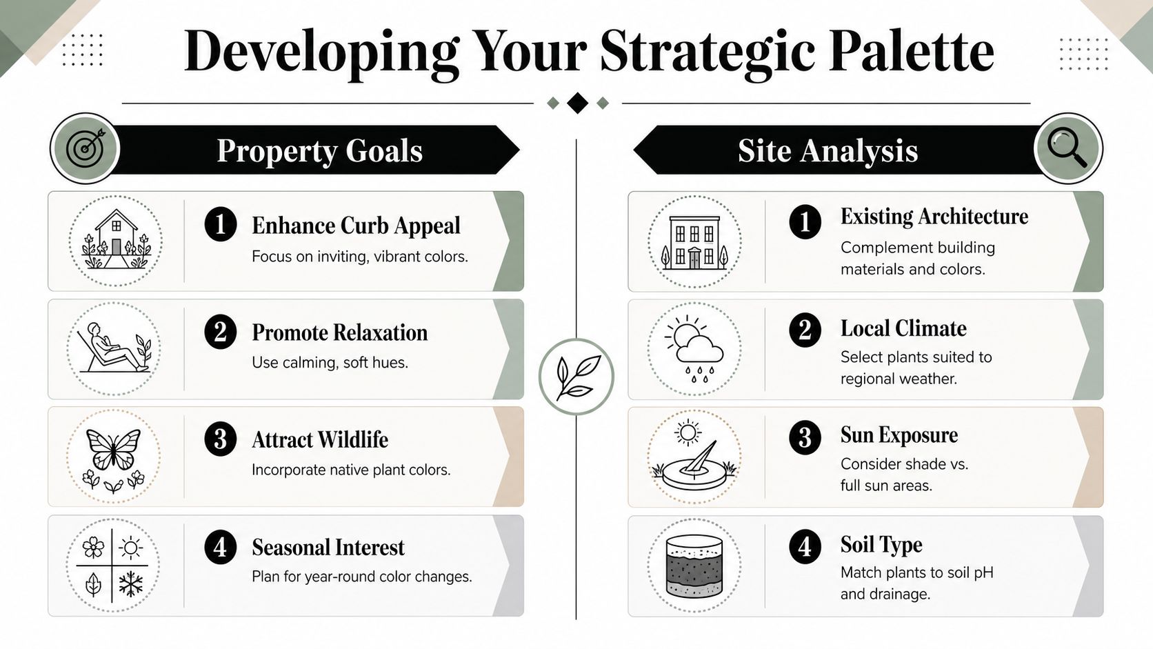 An infographic titled Developing Your Strategic Palette detailing Property Goals and Site Analysis for landscaping.