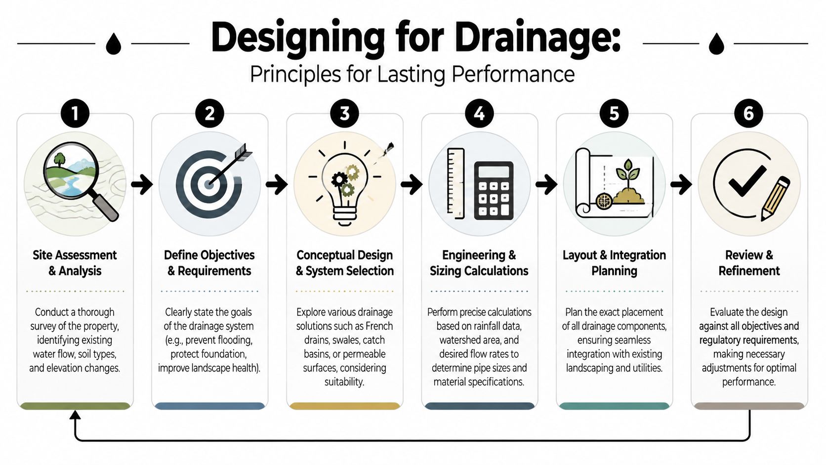 A six-step infographic detailing the professional process for designing effective landscape drainage systems for lasting performance.
