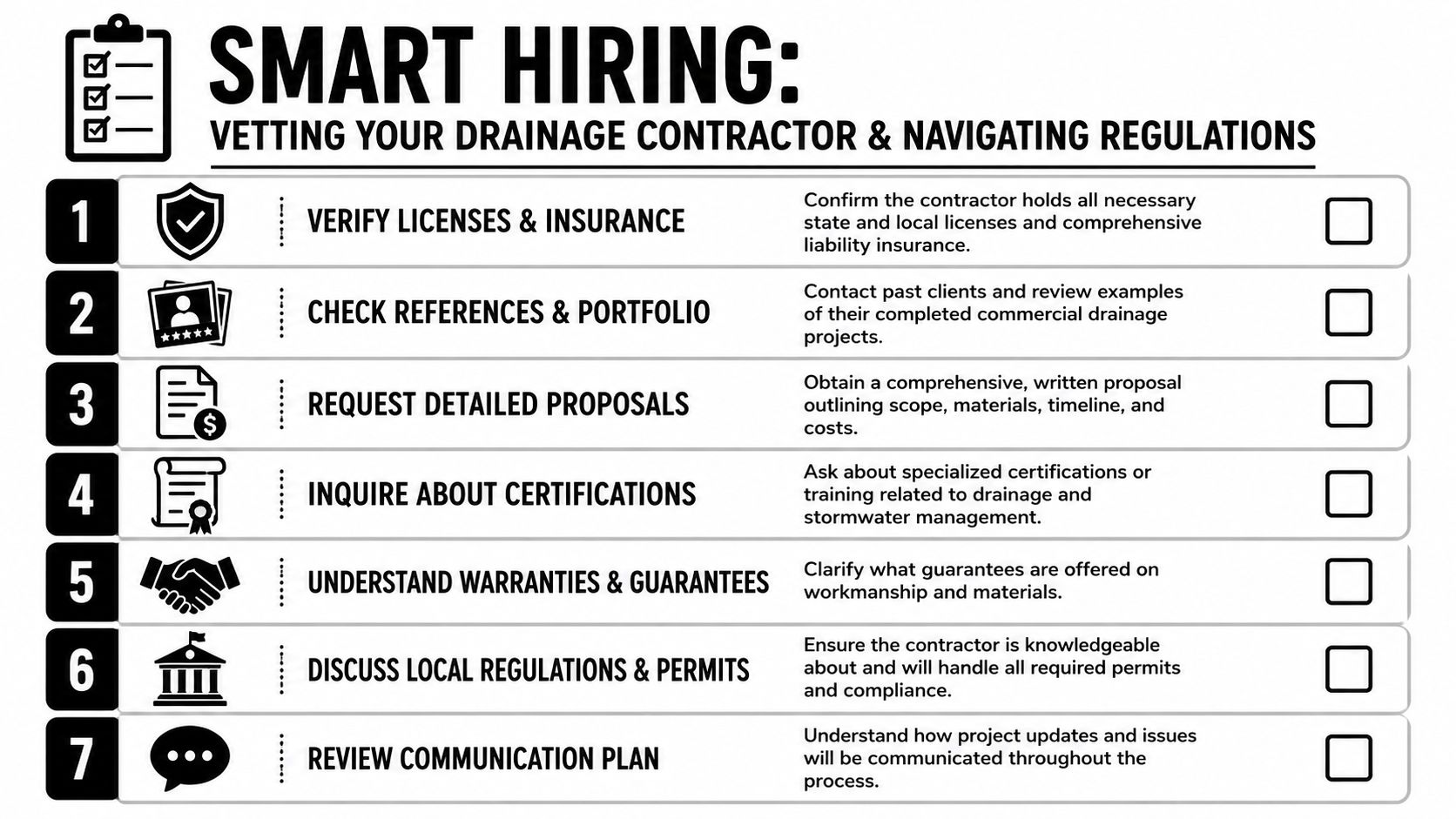 An infographic checklist for vetting commercial drainage contractors, featuring seven key steps for hiring and compliance.