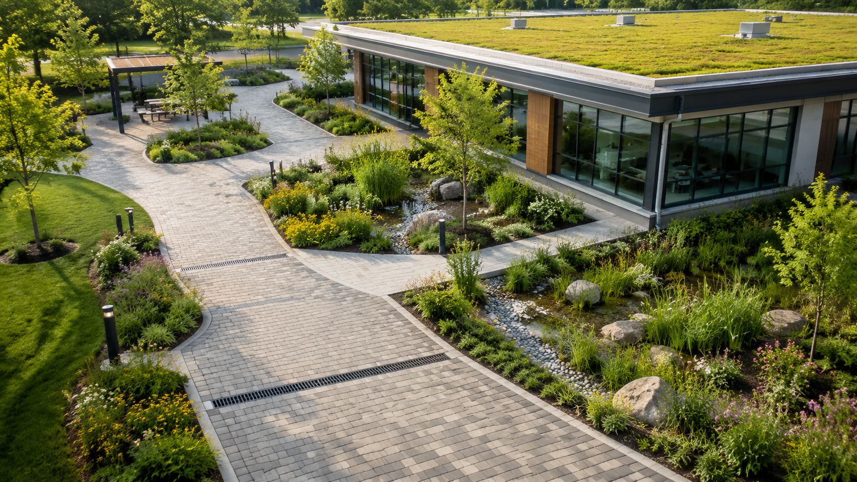 A modern building with a green roof and sustainable stone pathways integrating natural garden drainage solutions.