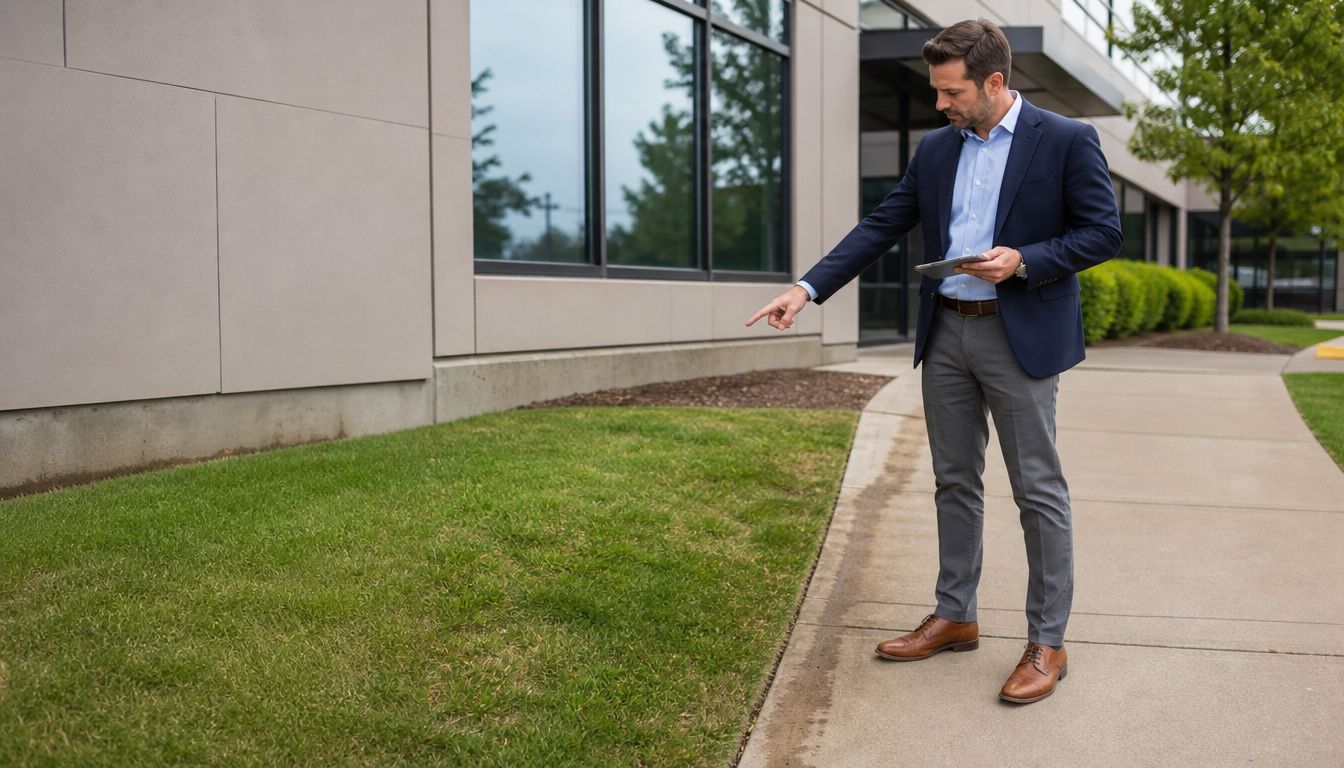A professional man in a business suit stands on a sidewalk pointing toward a grass lawn.