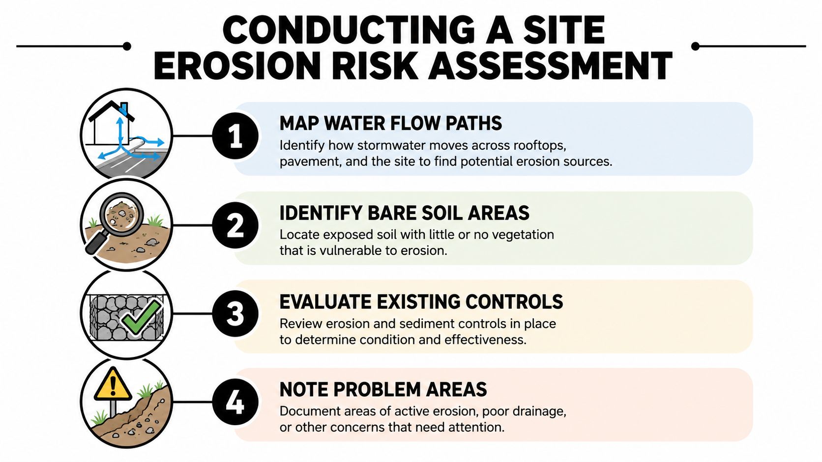 A four-step infographic illustrating how to conduct a professional site erosion risk assessment for property maintenance.
