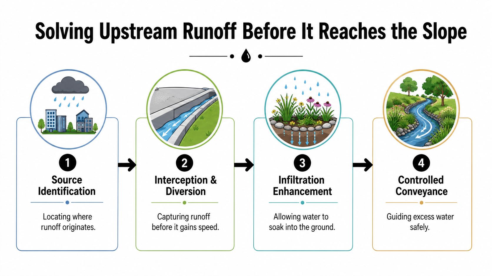 A four-step infographic illustrating methods to manage and solve upstream runoff before it reaches a slope.