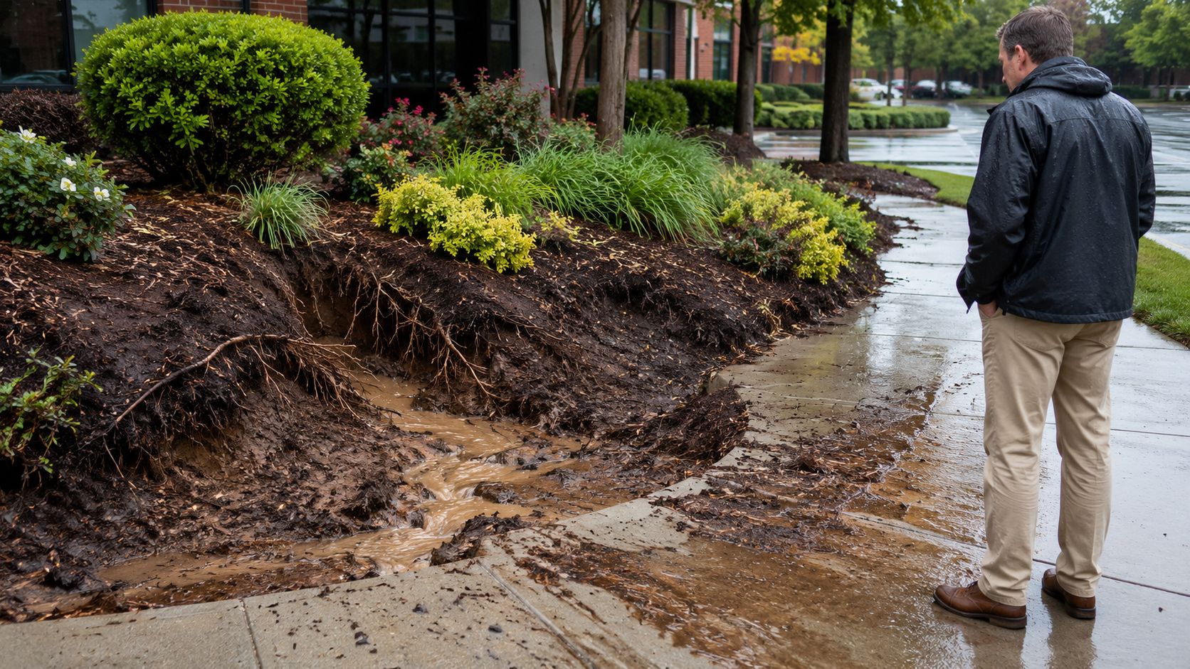 A man observing soil erosion and water runoff damage in a garden landscape after a heavy storm.