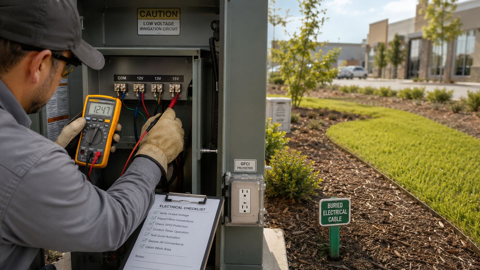 An electrical technician inspects and tests a landscape lighting irrigation control panel outside a commercial building.