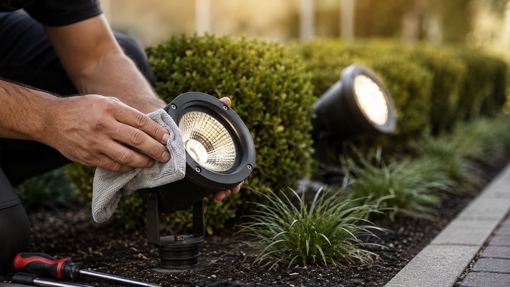 A professional technician carefully cleaning a modern landscape lighting fixture in a garden bed.