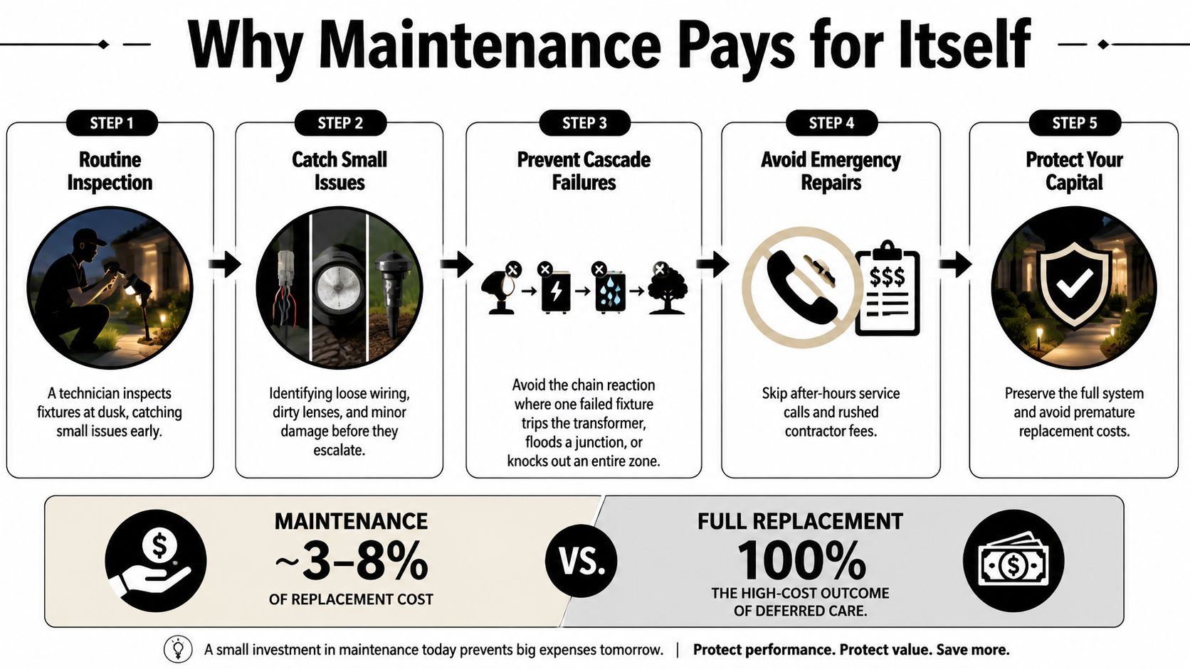 An infographic showing the five steps of landscape lighting maintenance and comparing costs versus full system replacement.