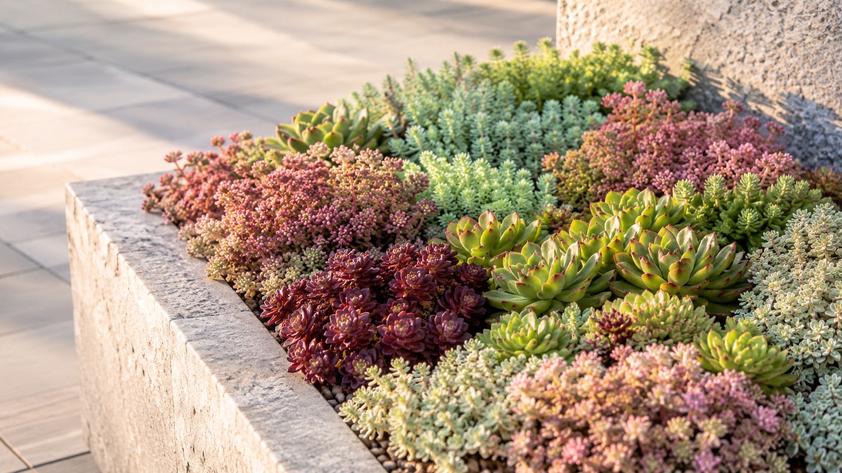 A raised concrete planter filled with a variety of colorful low maintenance perennial succulent plants.