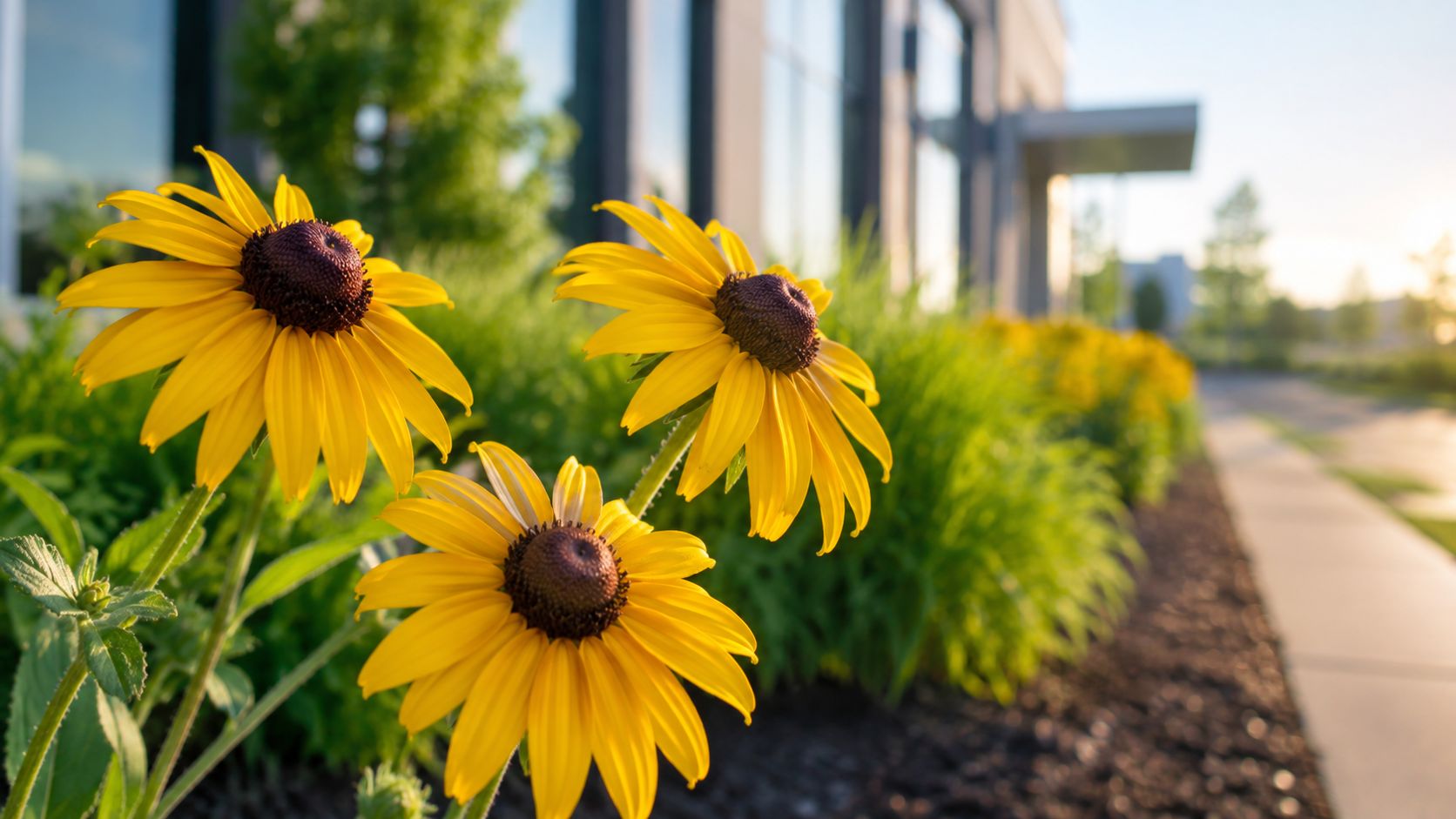 Bright yellow coneflower blossoms blooming in a landscape bed next to a modern office building exterior.