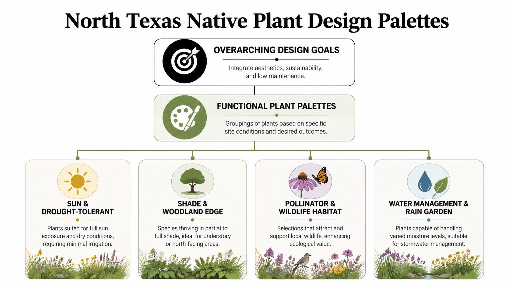 A diagram illustrating design palettes for native plants in North Texas based on environmental conditions.