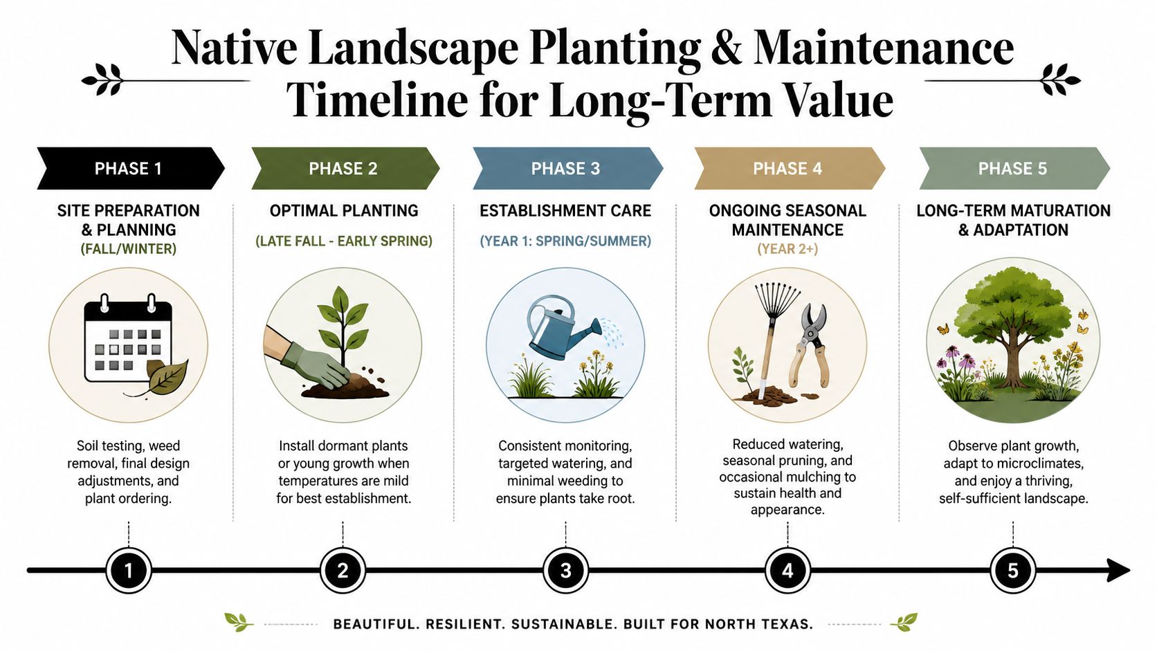 A five-phase timeline infographic illustrating steps for planting and maintaining native landscapes in North Texas.